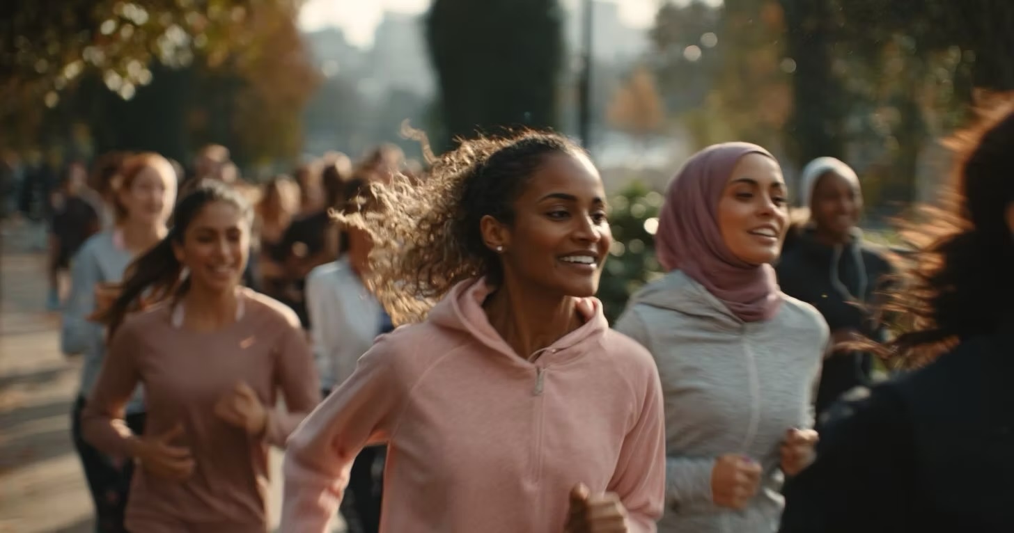 Group of women running together outdoors