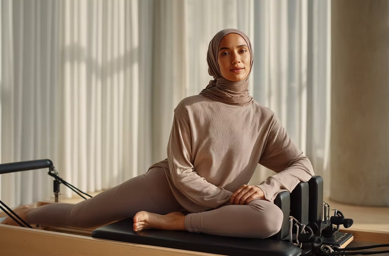 Woman seated on a reformer in soft light